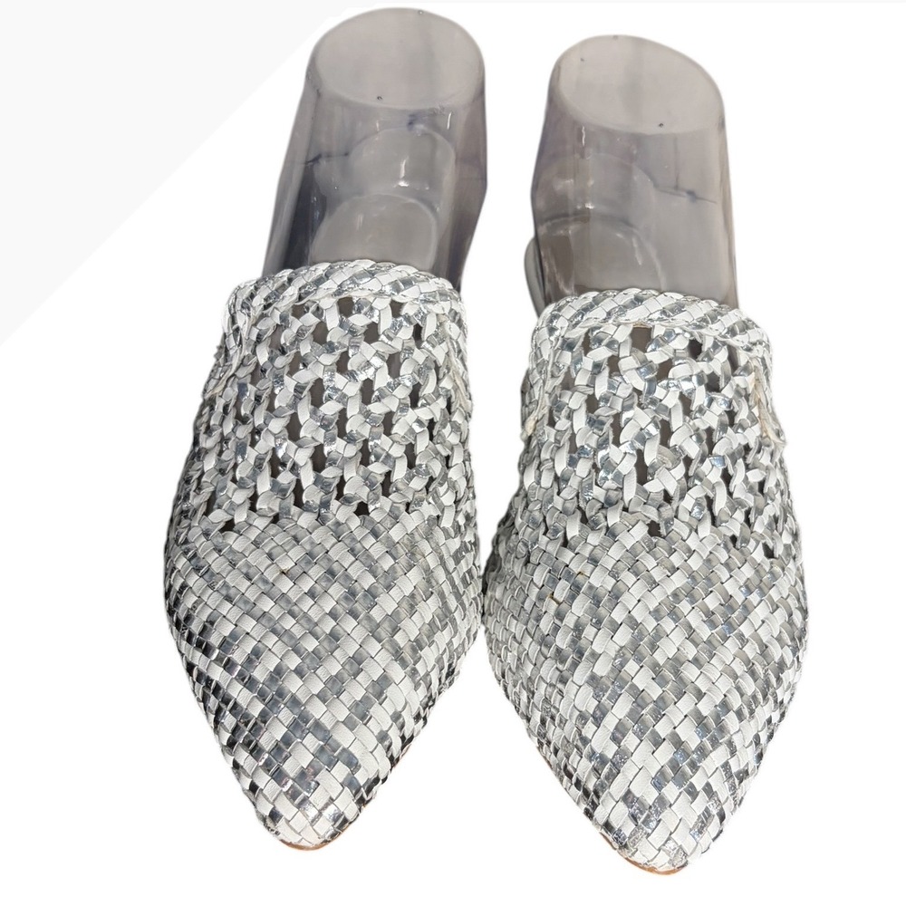 42 Gold Silver White Woven Mules Corra Pointed Toe Flat Women's Size 8